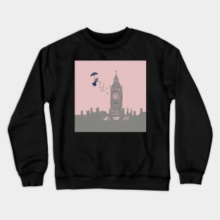 Mary Poppins Flying over Big Ben Linocut in Pink and Grey Crewneck Sweatshirt